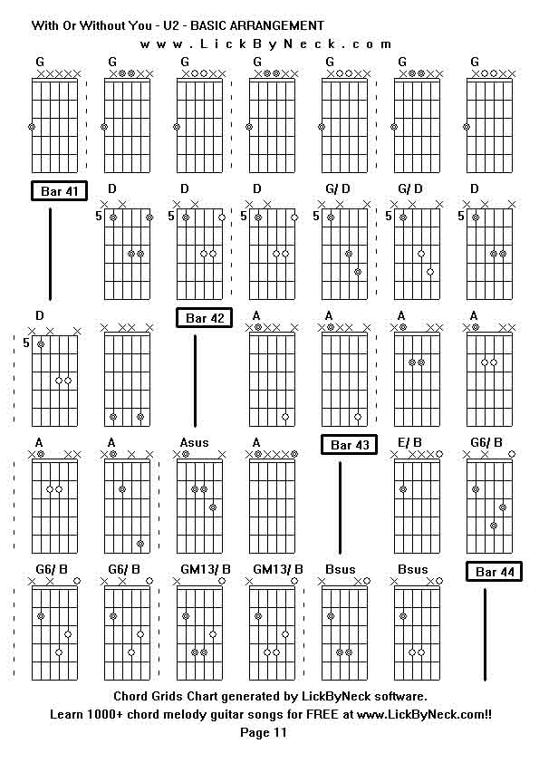 Chord Grids Chart of chord melody fingerstyle guitar song-With Or Without You - U2 - BASIC ARRANGEMENT,generated by LickByNeck software.